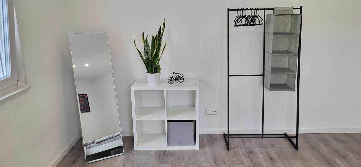Ein heller Raum mit einem Spiegel, einem Pflanzenkübel, einem Regalschrank und einem Kleiderständer. Ein heller Raum mit einem Spiegel, einem Pflanzenkübel, einem Regalschrank und einem Kleiderständer.