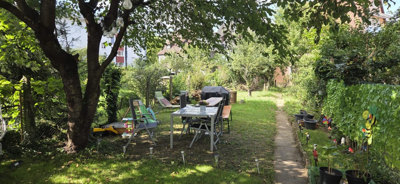 Ein sonniger Garten mit Sitzgelegenheiten und Pflanzen, umgeben von Bäumen. Ein sonniger Garten mit Sitzgelegenheiten und Pflanzen, umgeben von Bäumen.